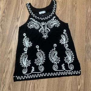 Lauren Michelle Black Tank Top with White Embroidered Paisley Accents